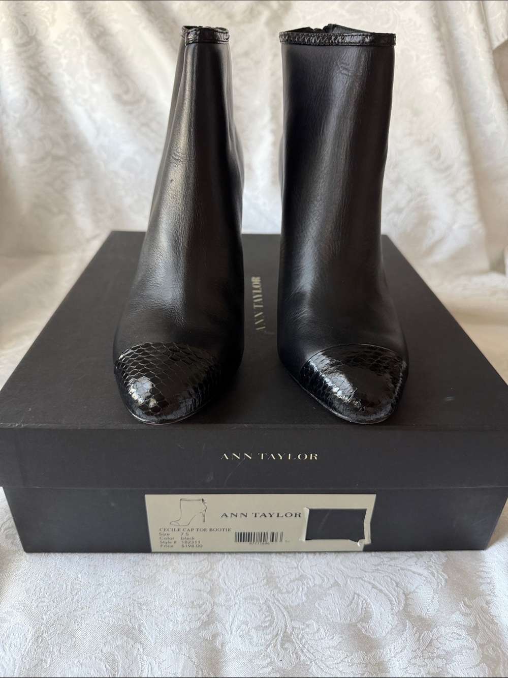 Ann Taylor Black Leather Pointed Toe Ankle Booties with Textured Cap